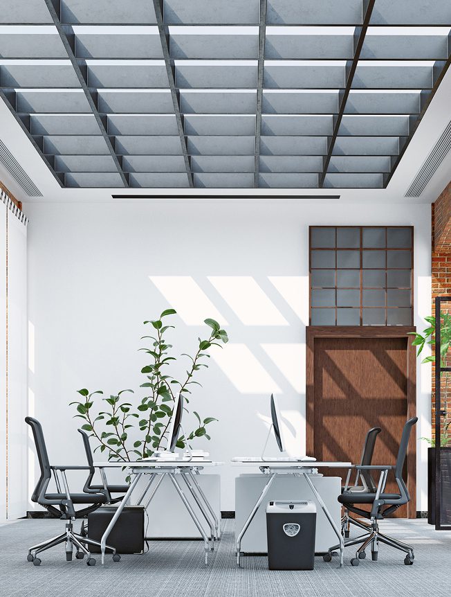 Bright modern office with skylight and plants